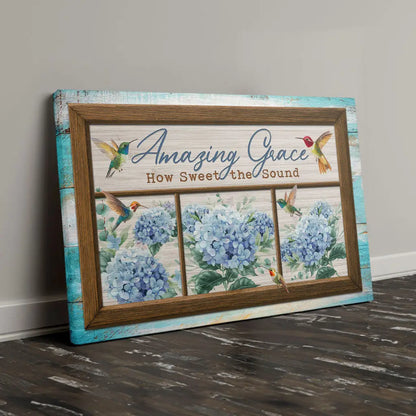 Amazing Grace How Sweet the Sound, Hummingbird and Hydrangea, Christian Wall Art Canvas