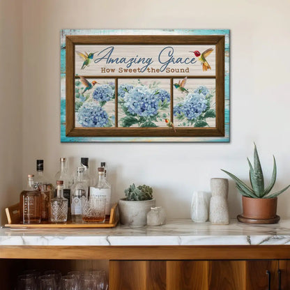 Amazing Grace How Sweet the Sound, Hummingbird and Hydrangea, Christian Wall Art Canvas
