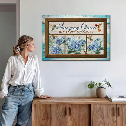 Amazing Grace How Sweet the Sound, Hummingbird and Hydrangea, Christian Wall Art Canvas