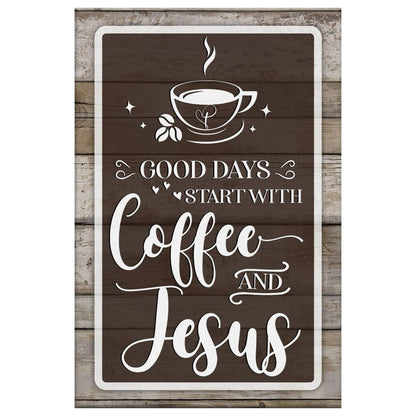 Christian Wall Art: Rustic Good Days Start With Coffee And Jesus Canvas