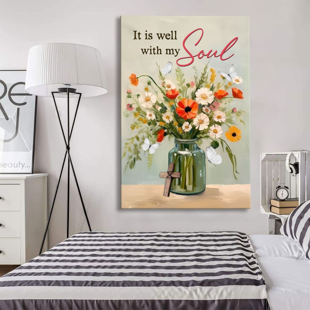 It is Well With My Soul Wall Art, Flowers in Jar, Christian Canvas Print