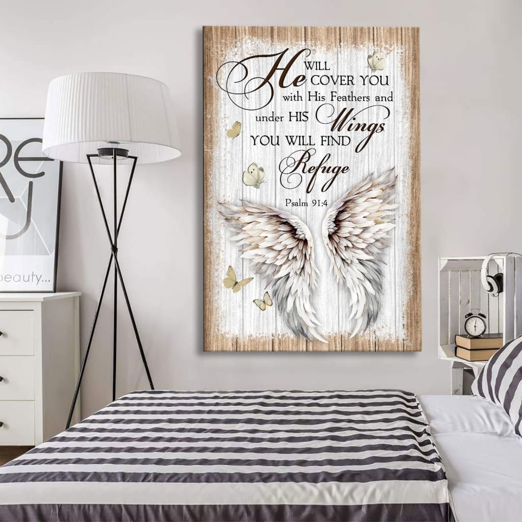 Rustic Psalm 91:4 He Will Cover You With His Feathers Wall Art Canvas Print