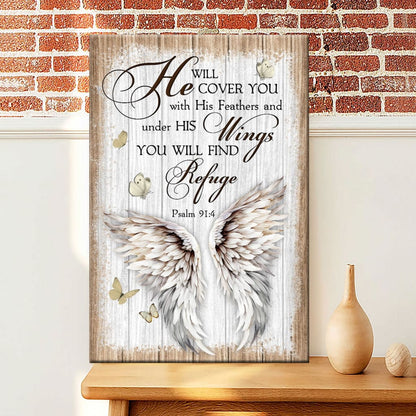 Rustic Psalm 91:4 He Will Cover You With His Feathers Wall Art Canvas Print