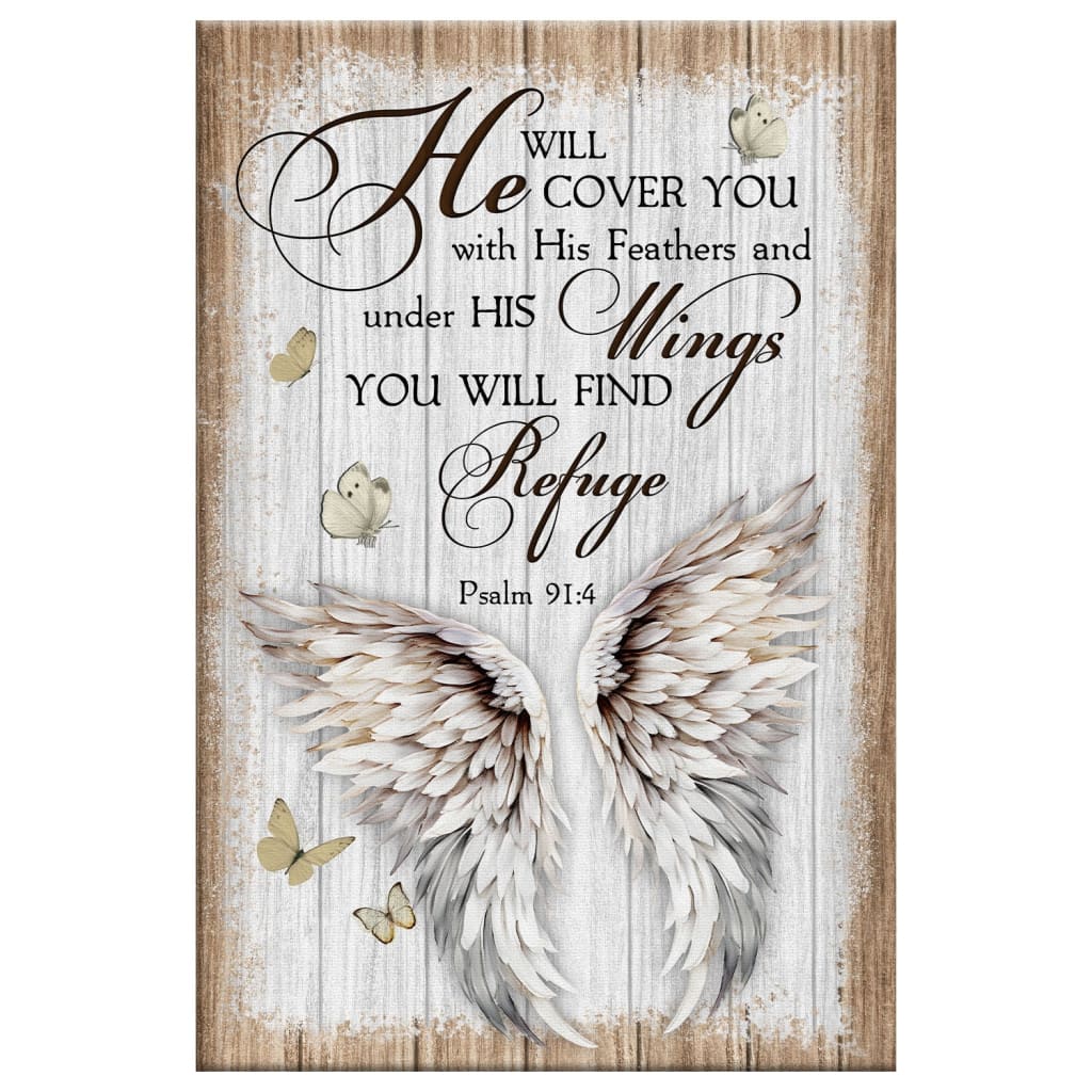Rustic Psalm 91:4 He Will Cover You With His Feathers Wall Art Canvas Print
