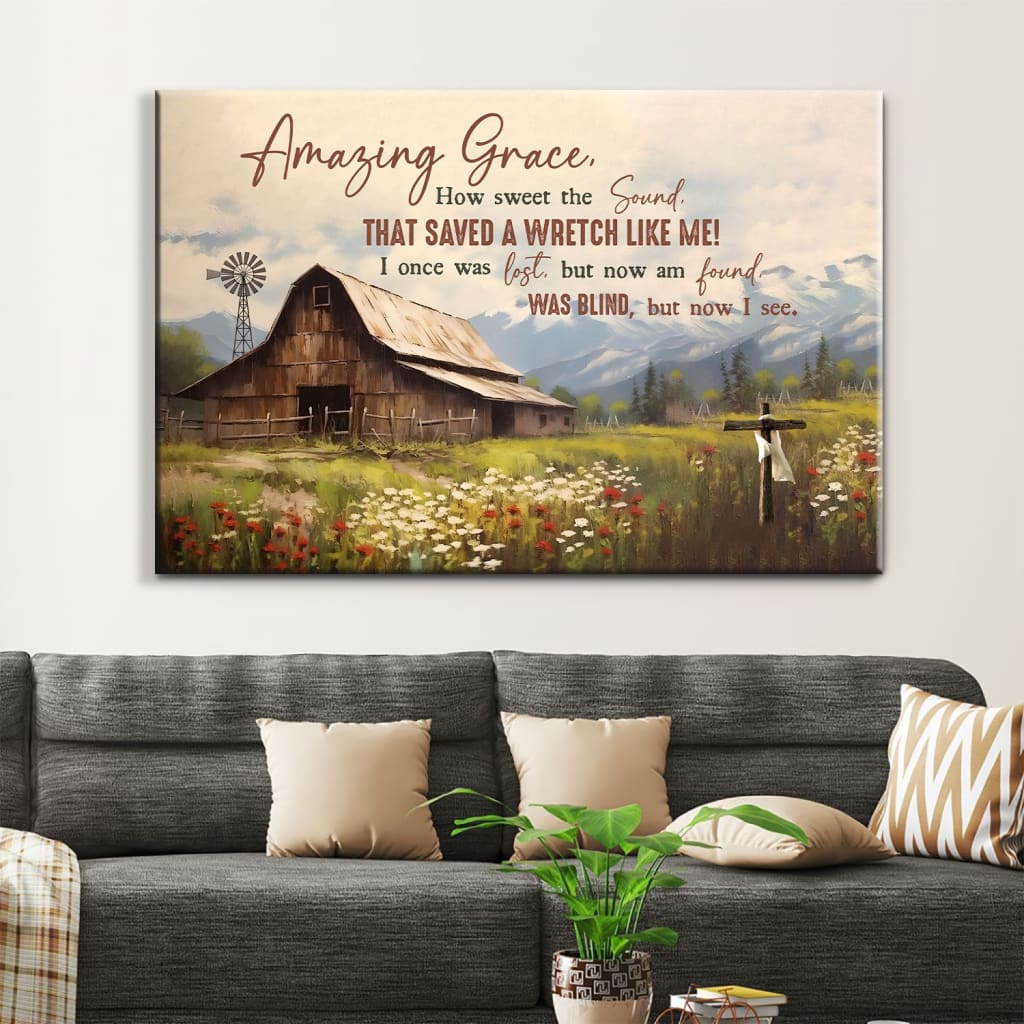Amazing Grace How Sweet the Sound Wall Art, Old Barn With Flowers, Christian Canvas Art