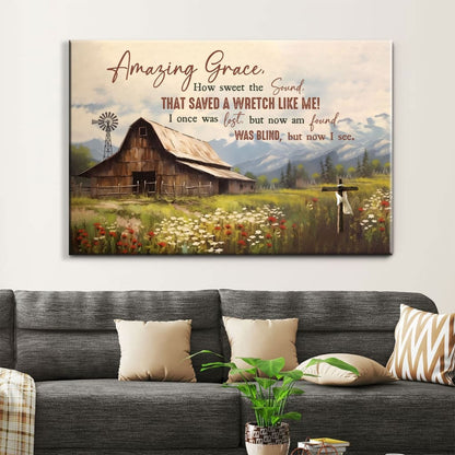 Amazing Grace How Sweet the Sound Wall Art, Old Barn With Flowers, Christian Canvas Art
