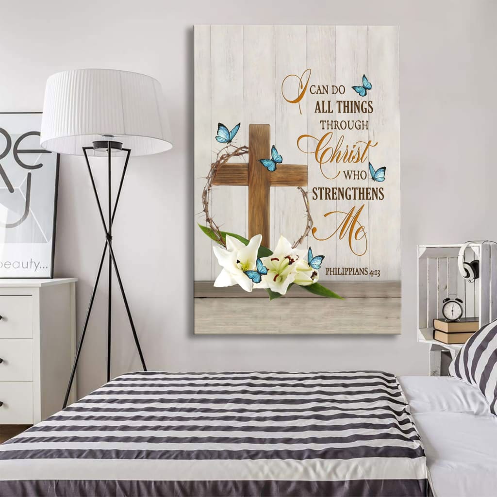 I Can Do All Things Through Christ, Wooden Cross, Lily Flower, Butterflies, Wall Art Canvas