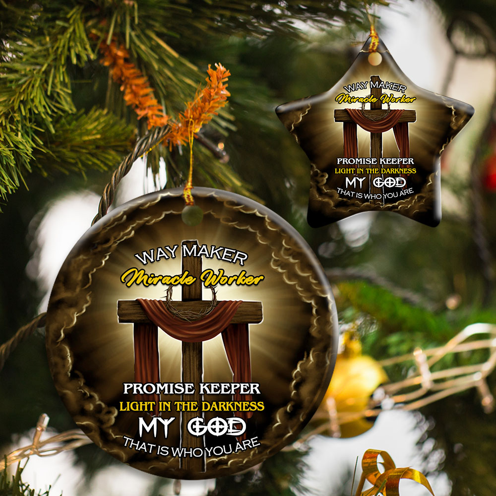 Christmas Ornament, Jesus Wooden Cross, Way Maker Miracle Worker Ceramic Ornament