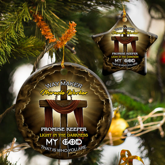 Christmas Ornament, Jesus Wooden Cross, Way Maker Miracle Worker Ceramic Ornament