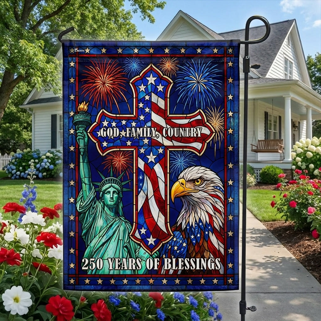 250 Years of Blessings Cross God Family Country Stained Glass US Flag