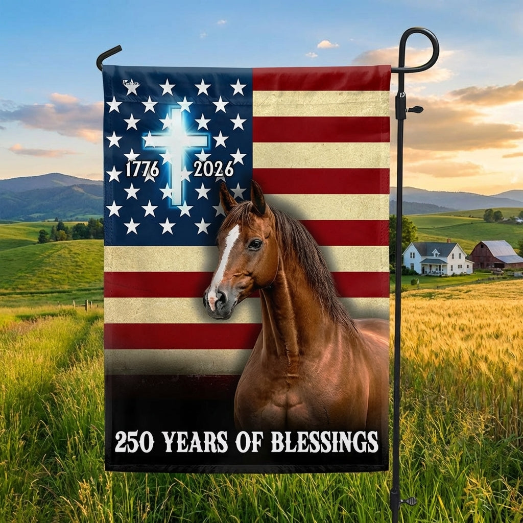 Horse American Flag, 250 Years of Blessings Christian Cross US Flag