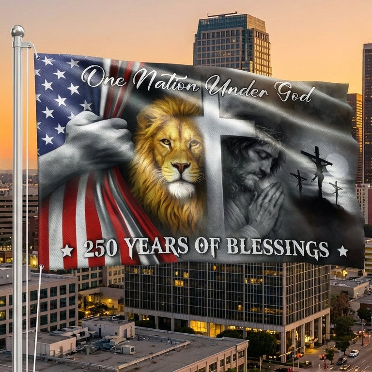 One Nation Under God 250 Years of Blessings Lion Jesus God Grommet Flag