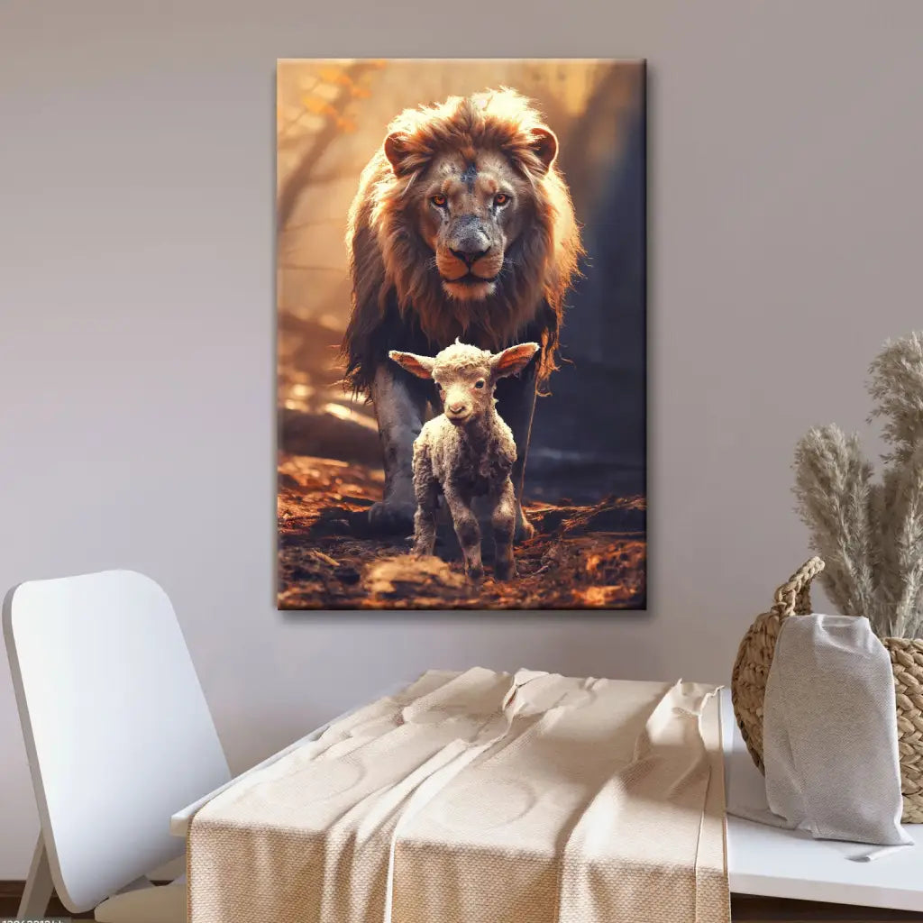Lion And Lamb In The Forest Christian Wall Art Canvas Print