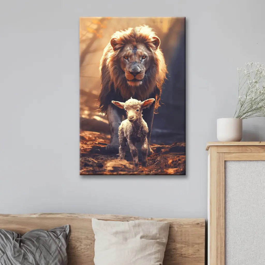 Lion And Lamb In The Forest Christian Wall Art Canvas Print