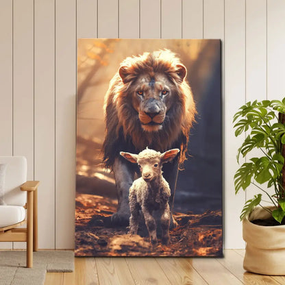 Lion And Lamb In The Forest Christian Wall Art Canvas Print