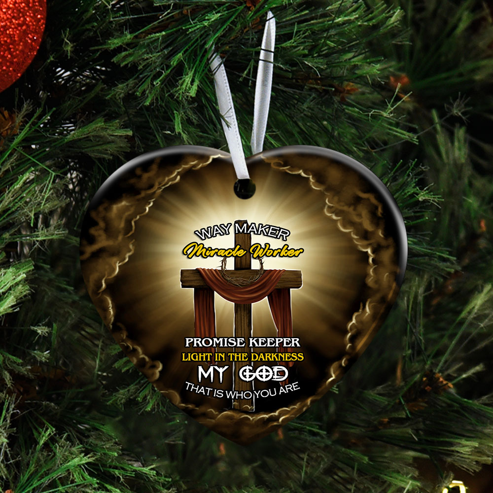 Christmas Ornament, Jesus Wooden Cross, Way Maker Miracle Worker Ceramic Ornament