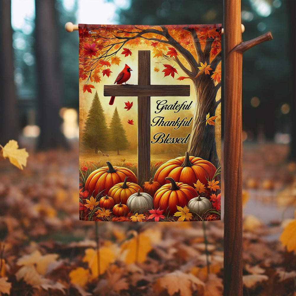 Fall Jesus Cross Grateful Thankful Blessed Thanksgiving Halloween Cardinal Flag