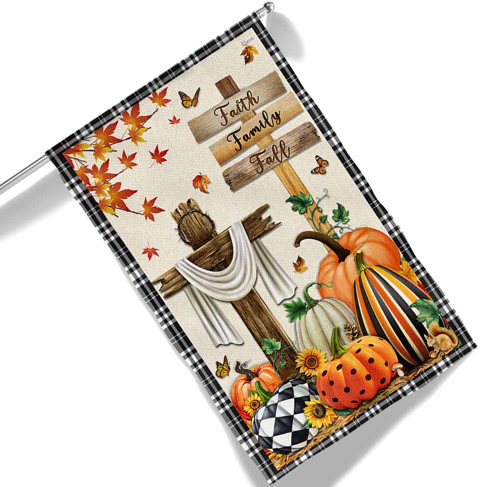 Fall Flag Faith, Family, Fall Christian Cross Pumpkins Thanksgiving Flag TPT352Fv2