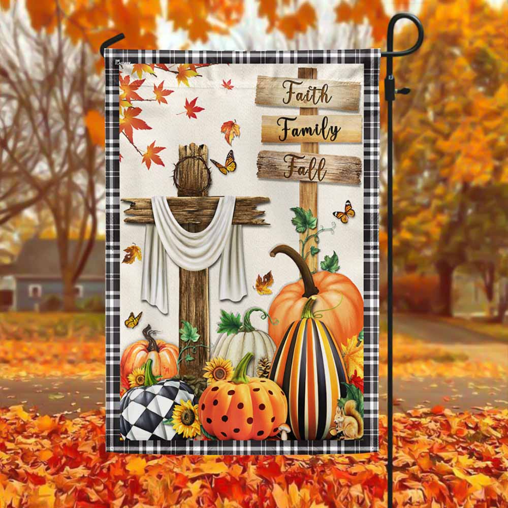 Fall Flag Faith, Family, Fall Christian Cross Pumpkins Thanksgiving Flag TPT352Fv2