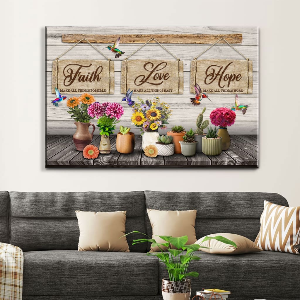 Rustic Christian Wall Art Canvas - Faith, Love, Hope – Hummingbirds and Flowers