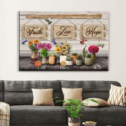 Rustic Christian Wall Art Canvas - Faith, Love, Hope – Hummingbirds and Flowers