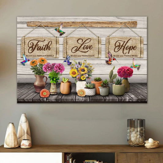 Rustic Christian Wall Art Canvas - Faith, Love, Hope – Hummingbirds and Flowers