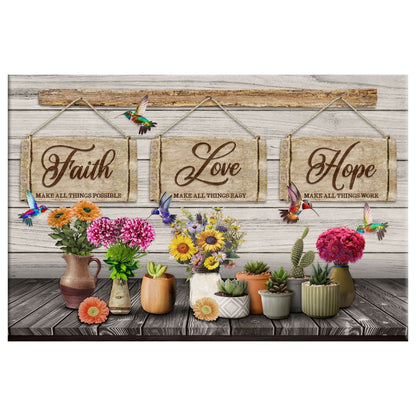 Rustic Christian Wall Art Canvas - Faith, Love, Hope – Hummingbirds and Flowers