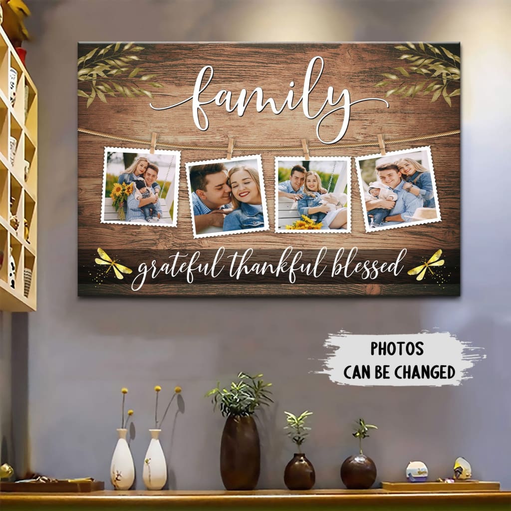 Personalized Family Grateful Thankful Blessed Wall Art Canvas With Custom Photos