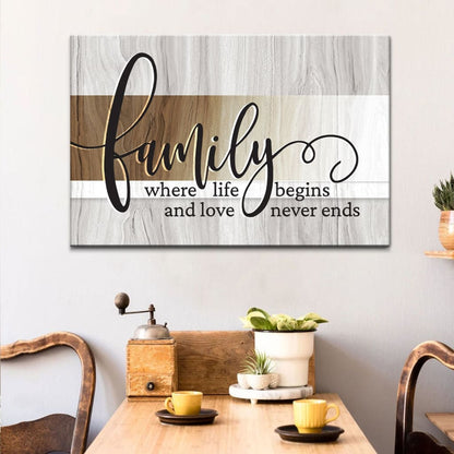 'Family Where Life Begins and Love Never Ends' Rustic Christian Wall Art Canvas