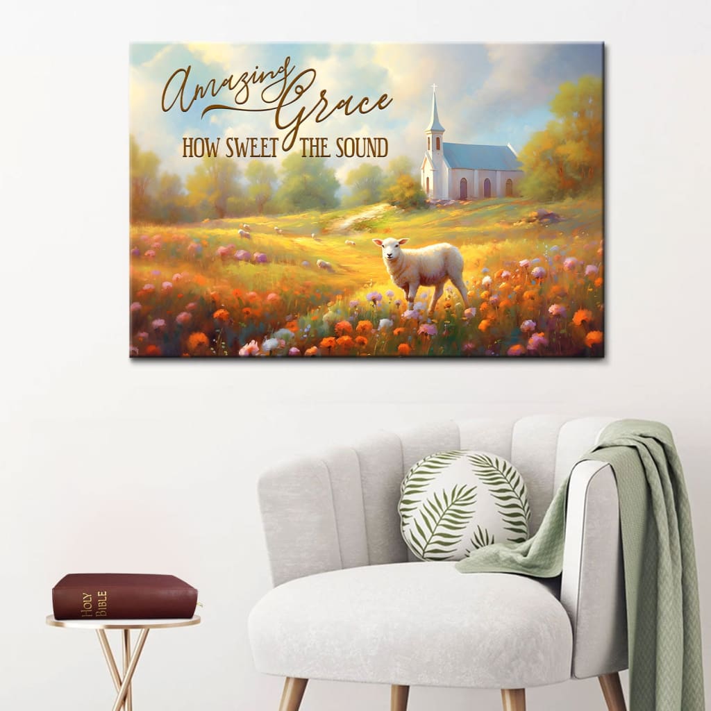 Amazing Grace How Sweet the Sound Wall Art, Church in Field, Christian Canvas Art