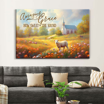 Amazing Grace How Sweet the Sound Wall Art, Church in Field, Christian Canvas Art