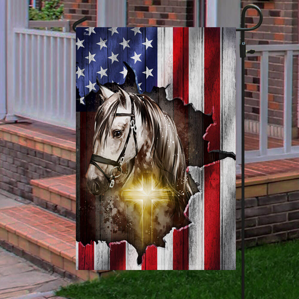 Horse Stand With God Christian Cross American Flag