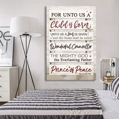 For Unto Us A Child Is Born Isaiah 9:6 Christmas Wall Art Canvas Print