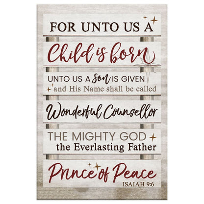 For Unto Us A Child Is Born Isaiah 9:6 Christmas Wall Art Canvas Print