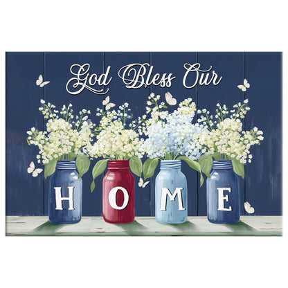 God Bless Our Home, Butterflies and Flowers in Vases, Wall Art Canvas