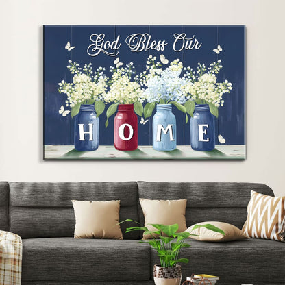 God Bless Our Home, Butterflies and Flowers in Vases, Wall Art Canvas