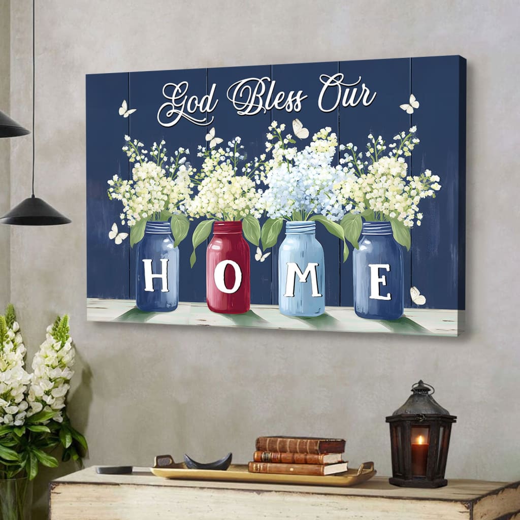 God Bless Our Home, Butterflies and Flowers in Vases, Wall Art Canvas