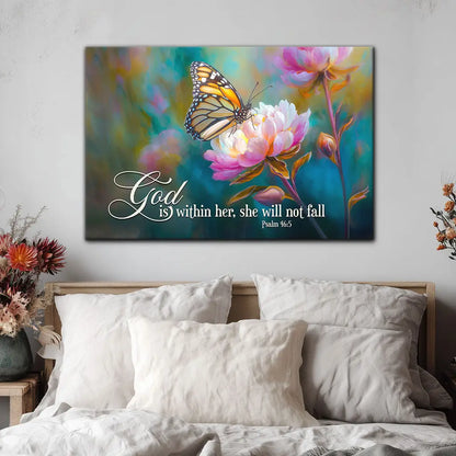 God is Within Her She Will Not Fall, Monarch Butterfly and Peony - Christian Wall Art Canvas