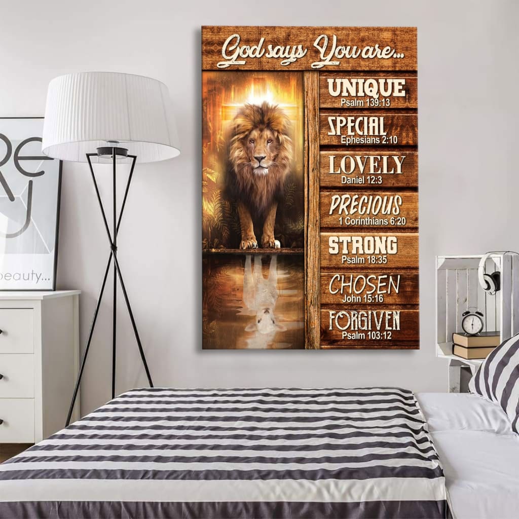 God Says You Are Bible Verse Canvas Print - Lion And Lamb Picture