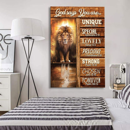 God Says You Are Bible Verse Canvas Print - Lion And Lamb Picture