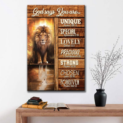 God Says You Are Bible Verse Canvas Print - Lion And Lamb Picture