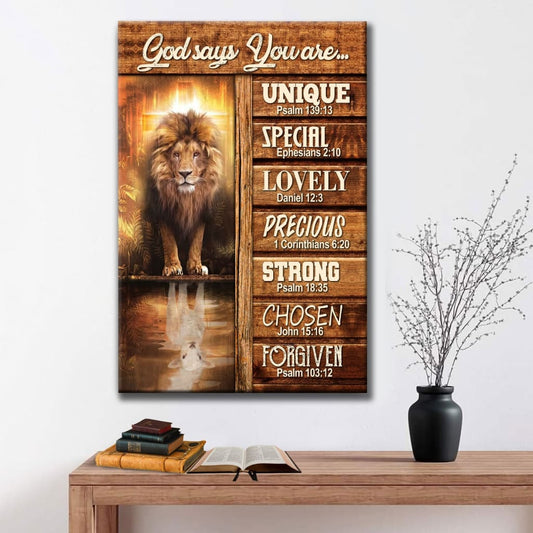 God Says You Are Bible Verse Canvas Print - Lion And Lamb Picture