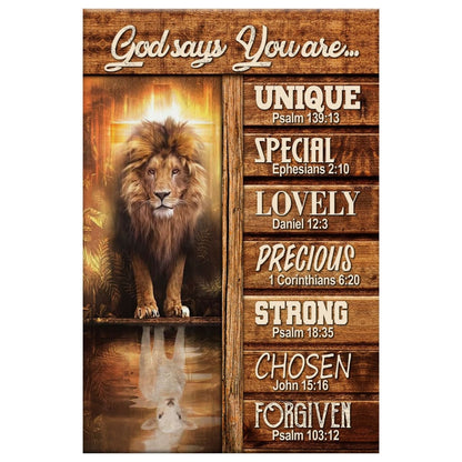 God Says You Are Bible Verse Canvas Print - Lion And Lamb Picture