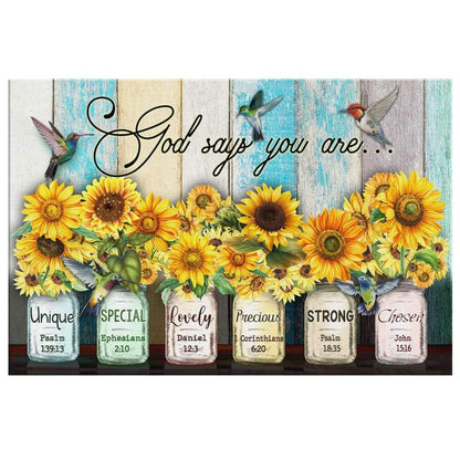 Christian Wall Art - God Says You Are Canvas, Hummingbird Sunflower