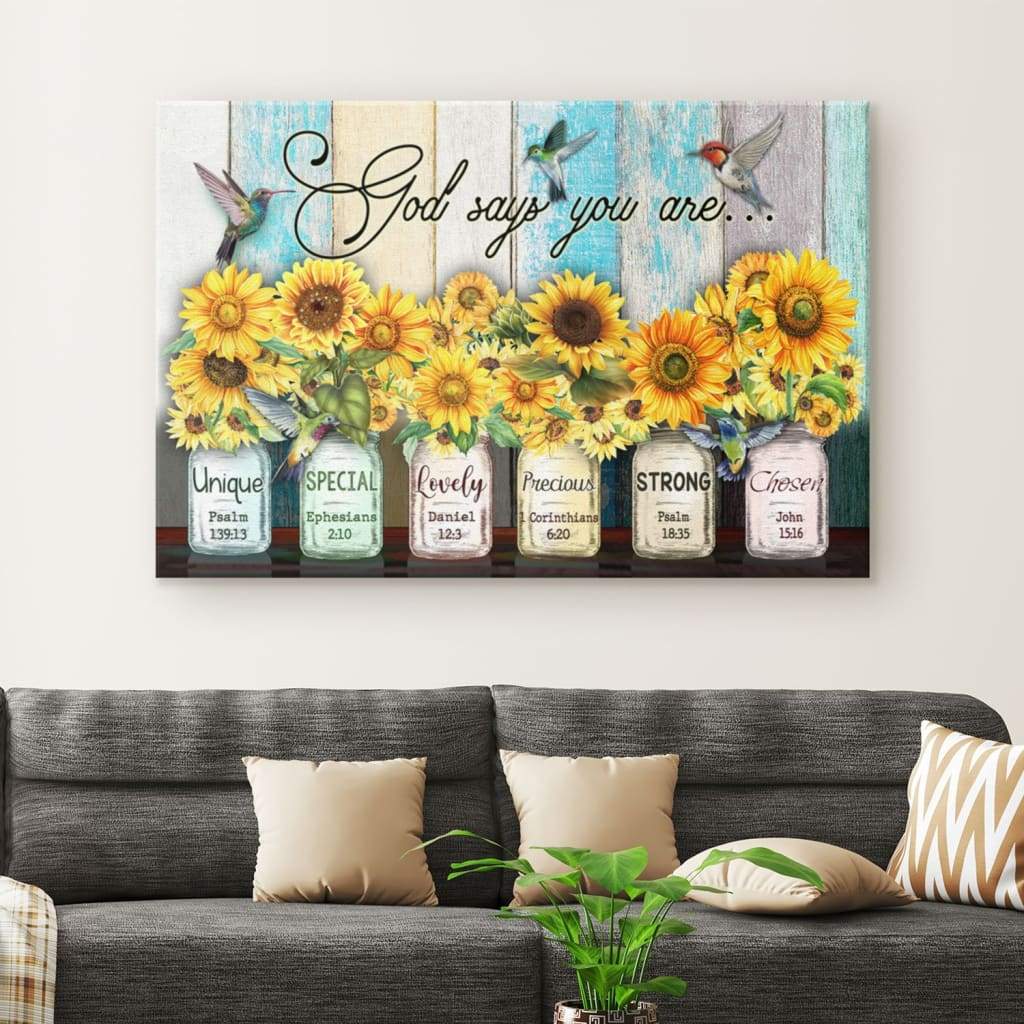 Christian Wall Art - God Says You Are Canvas, Hummingbird Sunflower