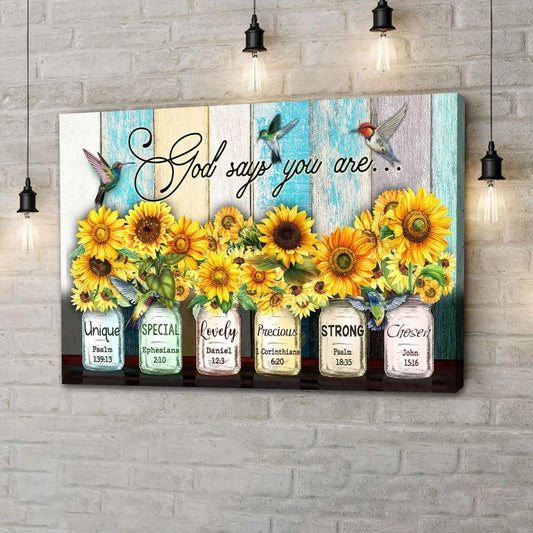 Christian Wall Art - God Says You Are Canvas, Hummingbird Sunflower