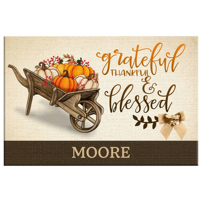 Personalized, Grateful Thankful Blessed Wall Art, Thanksgiving Canvas Print With Custom Family Name