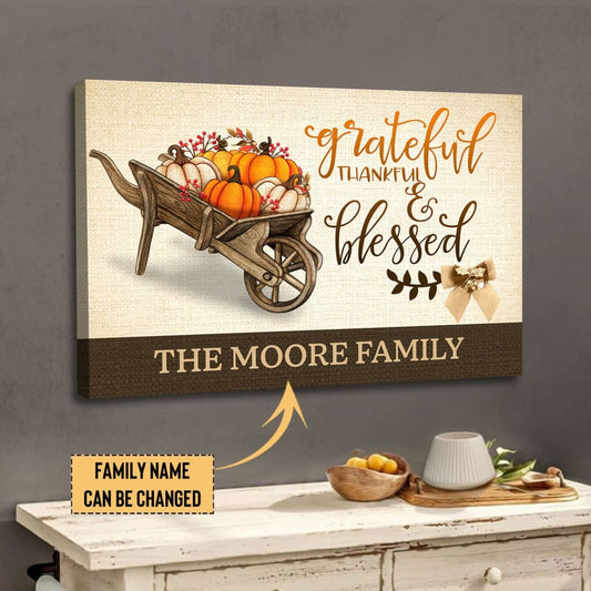 Personalized, Grateful Thankful Blessed Wall Art, Thanksgiving Canvas Print With Custom Family Name
