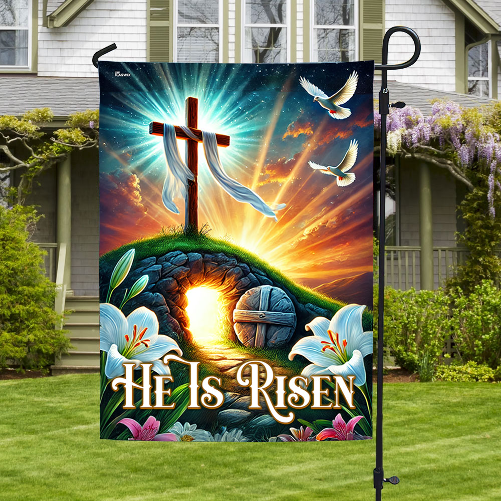 Easter Day He Is Risen Empty Tomb Christian Cross Flag