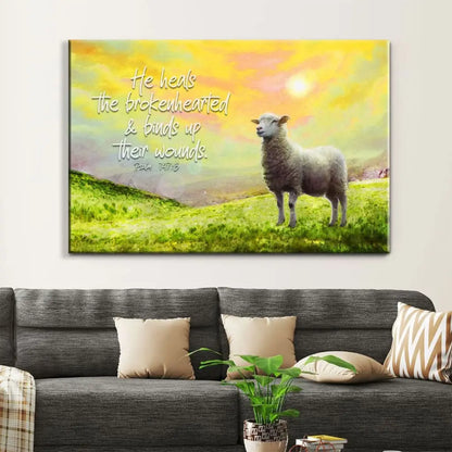 Psalm 147:3 He Heals the Brokenhearted, Sheep, Christian Wall Art Canvas